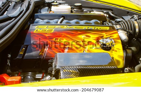 GLOUCESTER, VIRGINIA - JULY 12, 2014: A Chevrolet Corvette LS2 engine in the Blast from the PAST CAR SHOW,The Blast From the Past car show is held once each year in July in Gloucester Virginia.