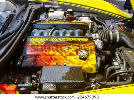 GLOUCESTER, VIRGINIA - JULY 12, 2014: A Chevrolet Corvette LS2 engine in the Blast from the PAST CAR SHOW,The Blast From the Past car show is held once each year in July in Gloucester Virginia.