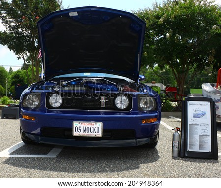 GLOUCESTER, VIRGINIA - JULY 12, 2014:A blue 2005 Mach one Mustang in the Blast from the PAST CAR SHOW,The Blast From the Past car show is held once each year in July in Gloucester Virginia.