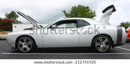 GLOUCESTER, VIRGINIA - AUGUST 23, 2014:A Silver Petty\'s Garage Dodge Challenger in the DRIVE-IN FOR DIABETES CAR SHOW Sponsored by Tractor Supply in August in Gloucester Virginia.