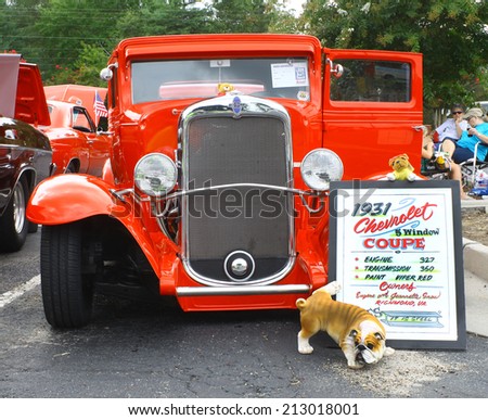 GLOUCESTER, VIRGINIA - AUGUST 23, 2014:A 1931 Chevy 5 window coupe in the DRIVE-IN FOR DIABETES CAR SHOW Sponsored by Tractor Supply in August in Gloucester Virginia.