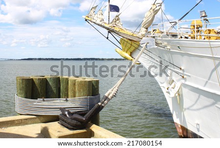 GLOUCESTER, VA - SEPTEMBER 6, 2014: The USCGC Eagle front bow of the ship Eagle at the Yorktown Coast guard training center pier where it is tied up on the York river in the tidewater area of Virginia