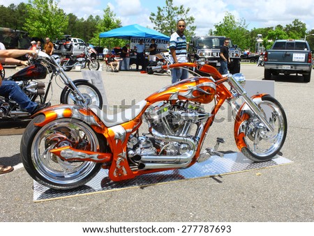 WILLIAMSBURG, VA - May 9, 2015: An Exotix 2005 custom built motorcycle at the 6th Annual Project Lifesaver Car Show in Williamsburg Virginia on a summer day.