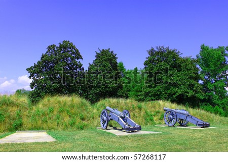 two cannons protecting yorktown virginia during the civil war with room for your text