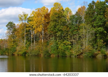 A fall water scape of  trees along a reservoir bank on a fall day with a beautiful sky and room for your text