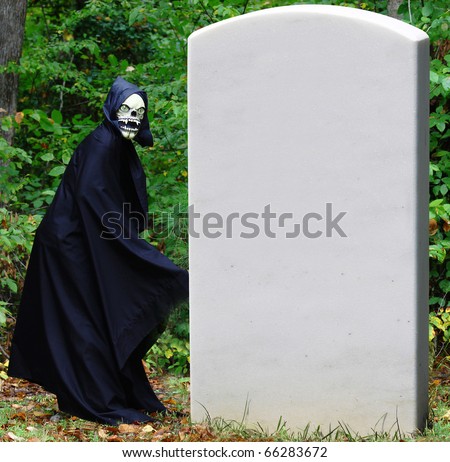 The Grim Reaper preparing to go behind a large tombstone for access to his secret entrance to the underworld with room for your text.