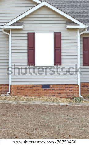 A window in a vinyl sided house  on a brick foundation along with gutters on both sides with room for your text.