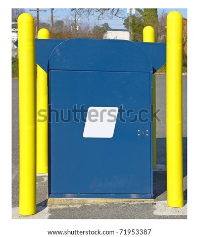 A dual sided blue mailbox protected by four concrete filled metal pipes in a parking lot during the day with room for your text.