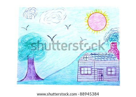 A hand drawn freestyle pencil sketched landscape isolated on white with room for your text.