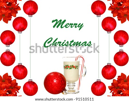 A Christmas design of a glass of eggnog and a candy cane with holly leaves and  red Christmas balls on white.