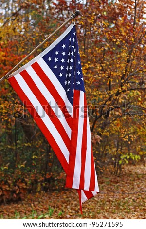 A vertical hanging American flag outside against a fall background