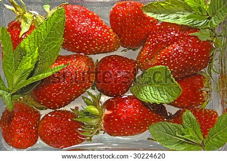 Large berries of a strawberry with leaflets in water