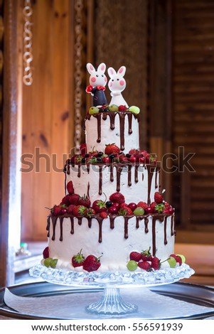 Three-tiered wedding cake with chocolate and fruit. Two rabbit on top.