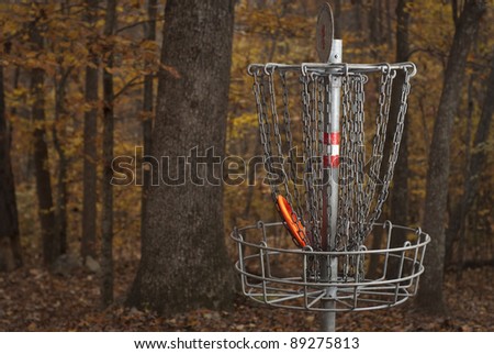Basket for Disc Golf in a Forest during Fall Colors. An orange disc is in the basket.