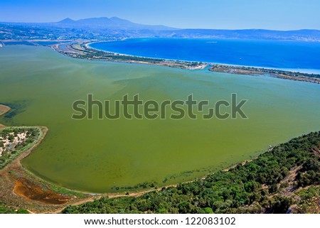 Beautiful lagoon of Voidokilia in Greece from a high point of view