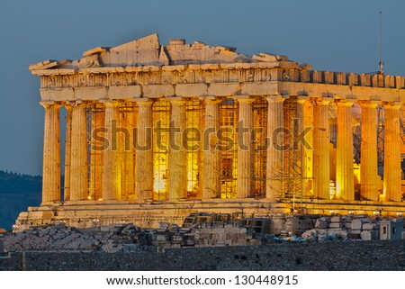 Parthenon construction in Acropolis Hill in Athens, Greece shot in blue hour closeup of the front part