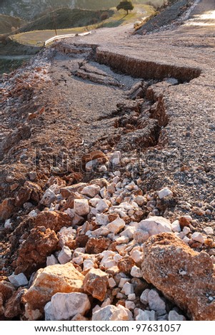 Broken road by an earthquake or landslide in countryside