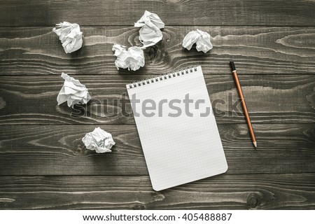 creativity concept, notepad, pencil and crumpled paper, flat lay