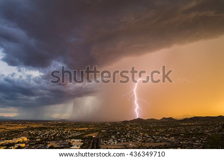 Monsoon thunderstorm with forked lightning over Tucson, Arizona
