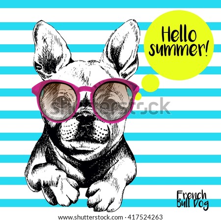 Vector close up portrait of french bulldog wearing the sunglasses. Bright hello summer french bulldog portrait. Hand drawn domestic pet dog illustration. Isolated on background with cerulean stripes.