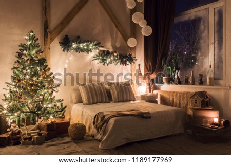 warm and cozy evening in living room. Sofa bed In christmas Interior. concept the new year and holidays.