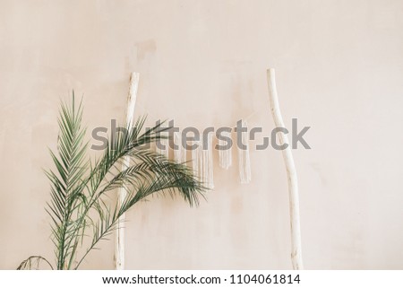 Minimal home interior design. Tropical palm branches and boho decoration at pastel beige wall. Modern studio concept.