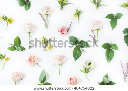 Pink roses and green leaves on white background. Flat lay, top view