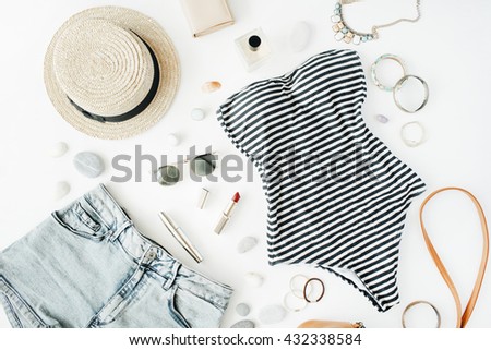 woman summer clothes and accessories collage on white, flat lay, top view