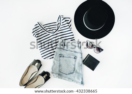 woman summer clothes collage on white, flat lay, top view