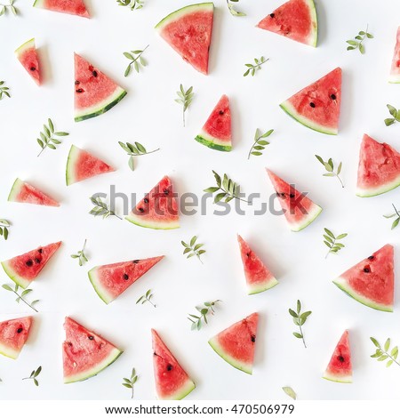 watermelon pieces pattern on white background. flat lay, top view