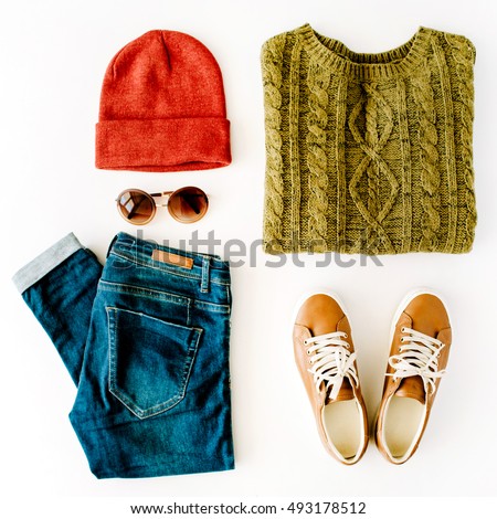 woman autumn and winter clothes collage on white, flat lay, top view