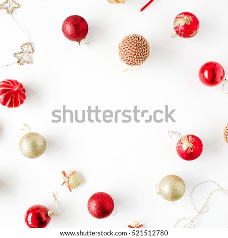 frame made of christmas decoration with christmas glass balls, tinsel, bow. christmas wallpaper. flat lay, top view