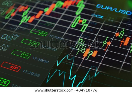 Stock market, financial, business black background. Stock market abstract collage: forex trading chart and data of Euro Dollar currency. Stock market trading board at black background.
