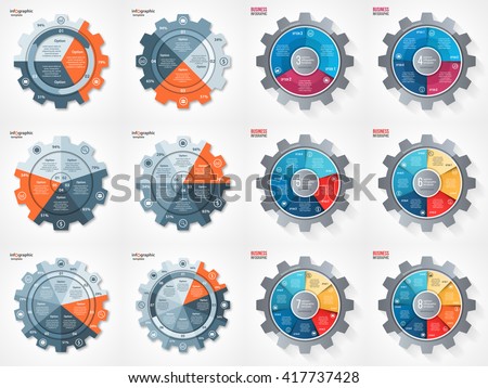 Vector business and industry gear style circle infographic set for graphs, charts, diagrams. Pie chart, cycle chart, round chart templates with 3, 4, 5, 6, 7, 8 options, parts, steps, processes.