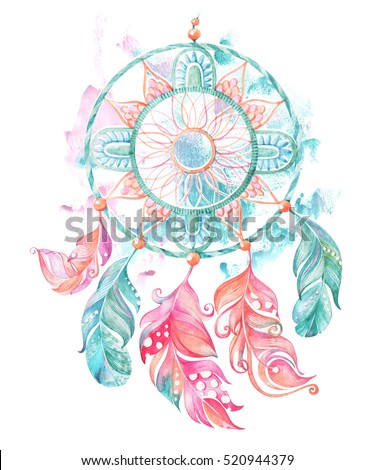 Dream catcher, feathers and beads. Feathers on a watercolor background. Watercolor ethnic dream catcher. Hand painted illustration for your design
