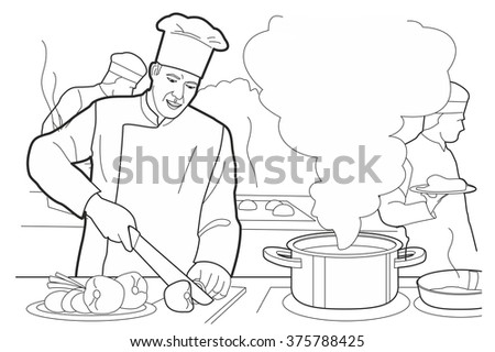 Restaurant Kitchen Illustration cooking process with chef figures at the table in restaurant Restaurant Kitchen Illustration cooking process with chef figures at the table in restaurant