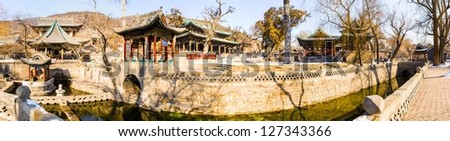 The main buildings panorama of Jinci Memorial Temple(museum).Jinci is a famous old garden of China. It lies in the southwest of Taiyuan. It is also an interest place of Shanxi.