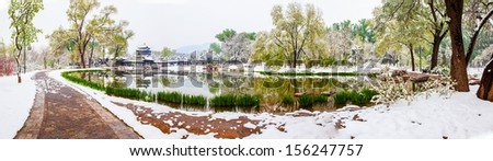 The spring be covered with snow on Apr 20, 2013. Taken in the Jinci Memorial Temple(museum) of Taiyuan, Shanxi, China.