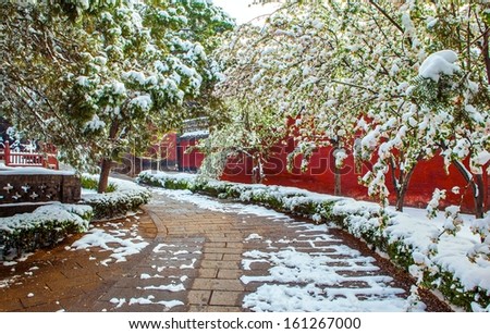 The spring be covered with snow on Apr 20, 2013. Taken in the Jinci Memorial Temple(museum) of Taiyuan, Shanxi, China.