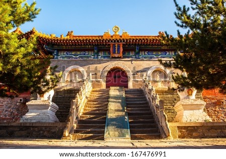 The main gate of Buddha top(Pusa Ding) temple. The Buddha top temple is one of Mount Wutai Temples. In the Qing Dynasty, the Buddha top temple was royal temple.