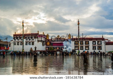 LHASA,TIBET/CHINA-MAY 6: Jokhang Temple and prayers on May 6,2005 in Lhasa, Tibet, China. The temple is located on Barkhor Square in Lhasa, is Tibet first Buddhist temple.
