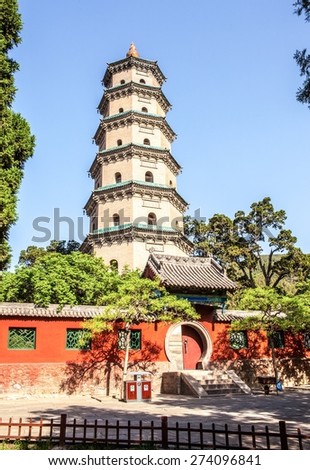 Ten party Temple(Shifang Temple) and Pagoda. Temple was built in the Tang Dynasty. Pagoda  was built in the Sui Dynasty, reconstructed in A.D.1751. Taken on the Jinci Memorial Temple(museum).