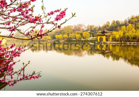Xiaojin hill in the Slender west lake.  Slender west lake is a well-known scenic spot in China. It is situated in the northwest suburb of Yangzhou City.