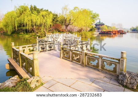 Twenty-four Bridge on the Lender west lake. Slender west lake is a well-known scenic spot in China. It is situated in the northwest suburb of Yangzhou City.