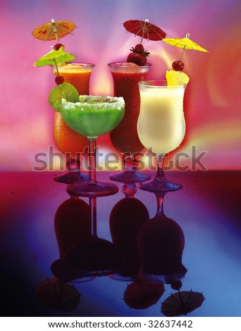 4 happy drinks, frozen Margarita, PiÃ?Â?Ã?Â±a Colada, Strawberry and Mango daiquiris