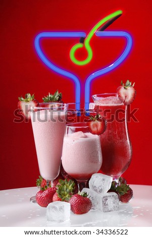 Strawberry cocktails or smoothies and shakes, daiquiri, martini, shortcake and kiss