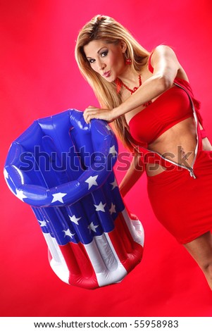 Blonde holds a patriotic container - For compositing your product