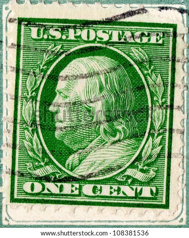 UNITED STATES - CIRCA 1908-1909 : A note with stamp printed in United States. Displays the image of president Benjamin Franklin. United States - circa 1908-1909