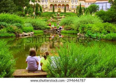 TULSA, OKLAHOMA - JUNE 13, 2015: People Enjoy A Day in a park at the Philbrook Museum of Art in Tulsa, Oklahoma. Museum draws a large crowd every second Saturday of the month, when admission is free.