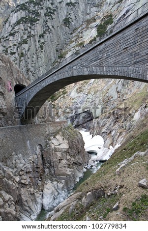 Devil\'s bridge at St. Gotthard pass, Switzerland. Alps. Europe